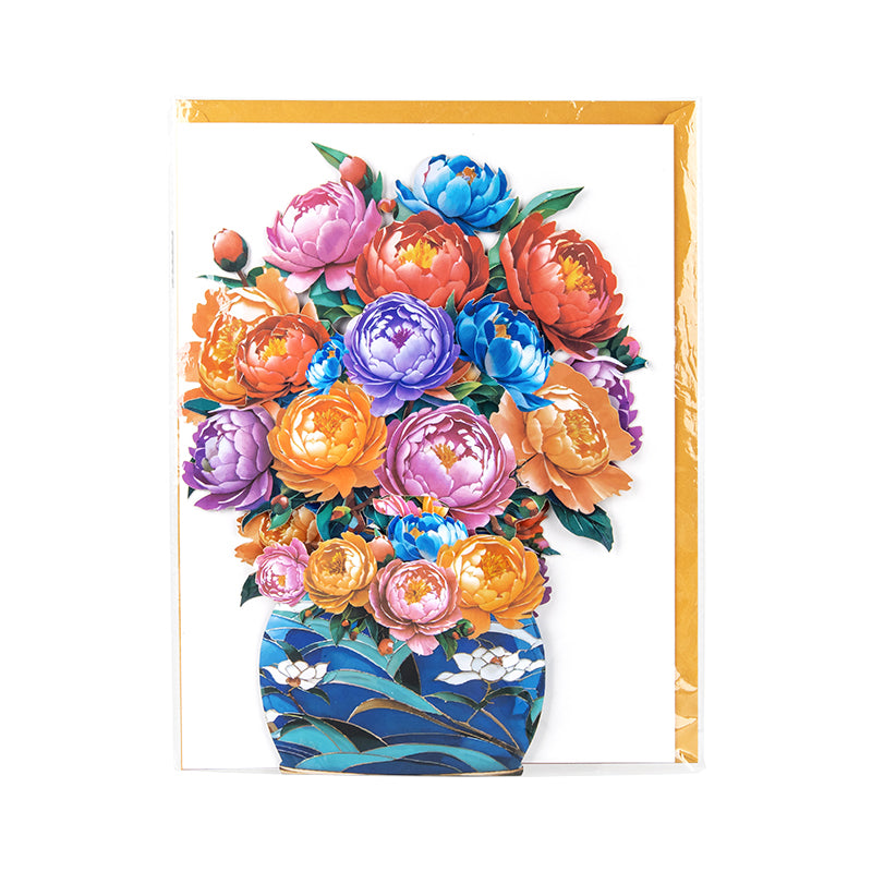 Colorful Grace Peony Bouquet in Blue Vase 3D Pop Up Card