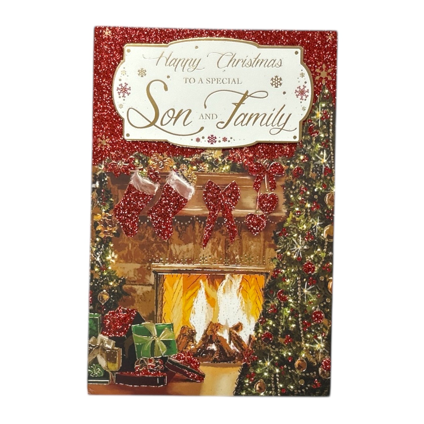 To a Special Son and His Family Cosy Fireplace Design Christmas Card