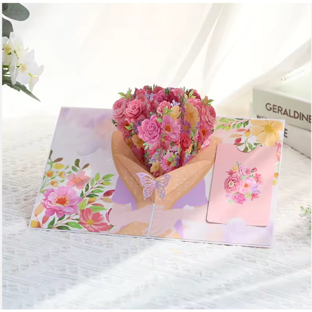 Pastel Pink Bouquet in Hands 3D Pop Up Greeting Card - Mother's Day Anniversary Birthday Thank You