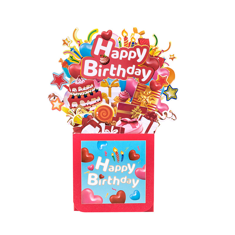 Heart Balloons Bright Red 3D Pop Up Birthday Box Card - Fireworks Cake Surprise Gift Box