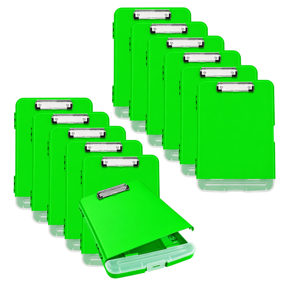 Pack of 12 A4 Green Plastic Clipboard Box Files With Pencil Holder - Storage Filing Case