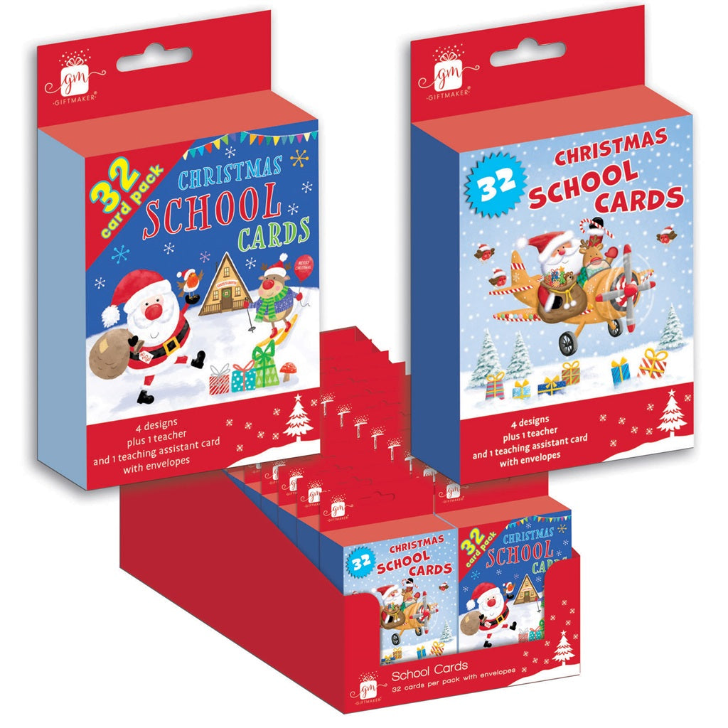 Pack of 32 Cute Santa School Christmas Cards & Envelopes
