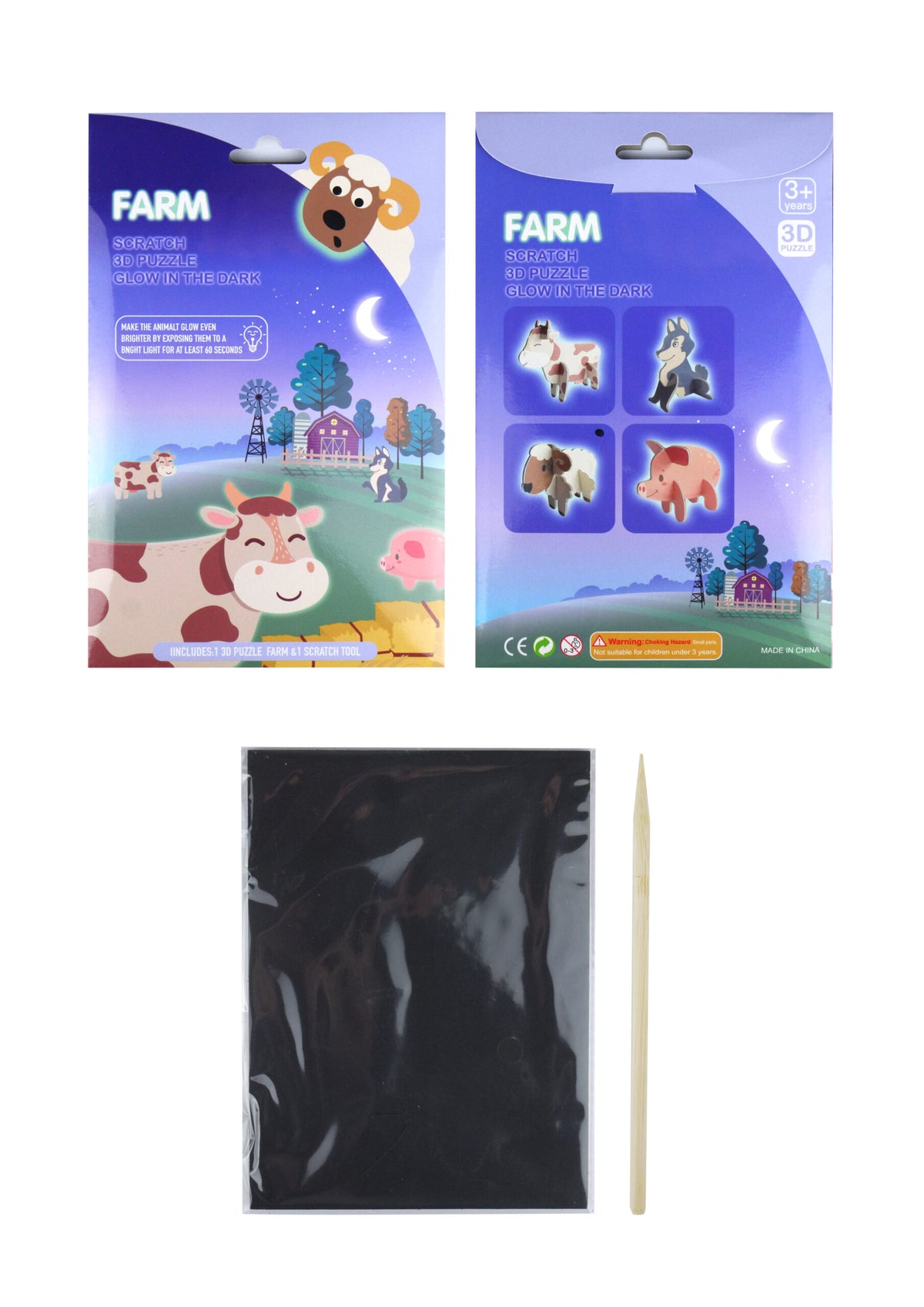 Pack of 12 Farm Animal Magic Colour Scratch 3D Puzzles (Glow In The Dark)