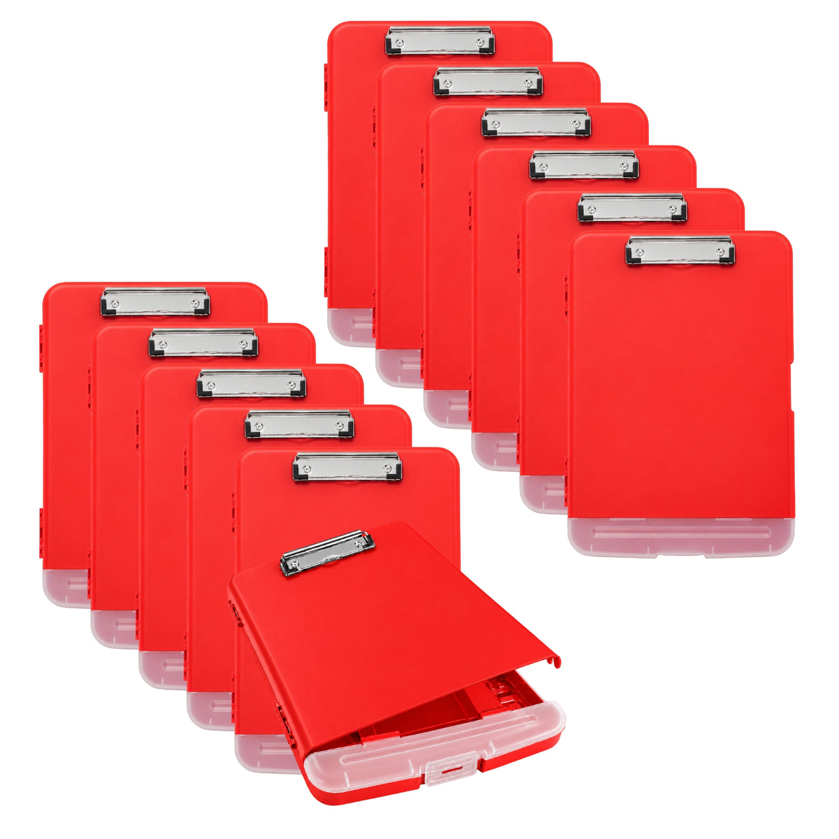 Pack of 12 A4 Red Plastic Clipboard Box Files With Pencil Holder - Storage Filing Case