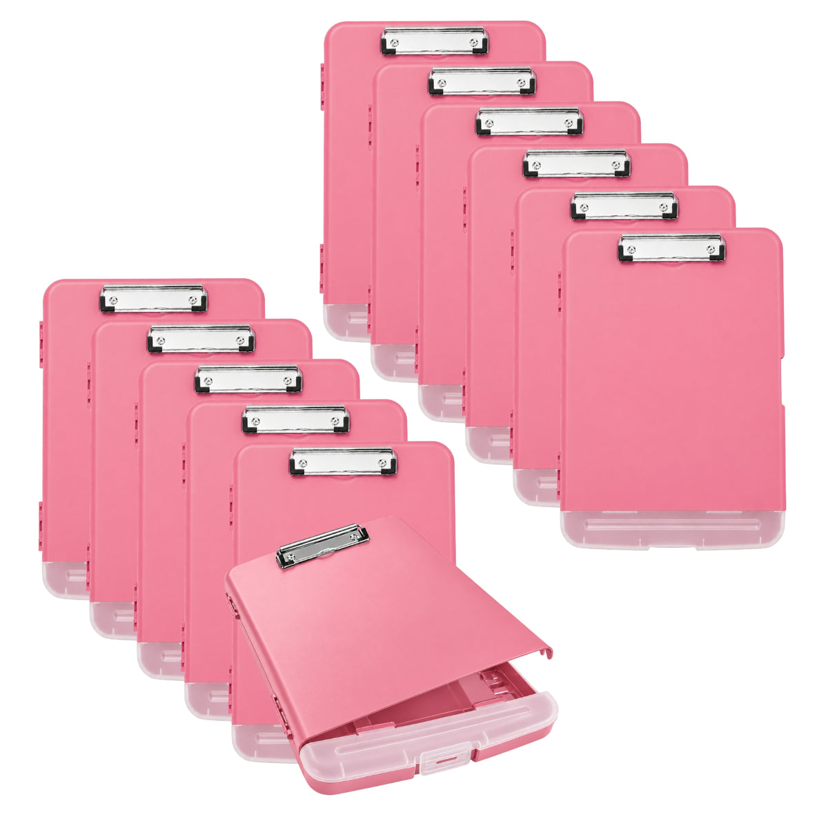 Pack of 12 A4 Pink Plastic Clipboard Box Files With Pencil Holder - Storage Filing Case