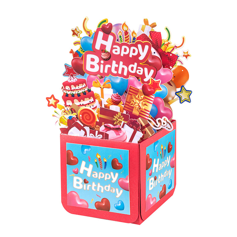 Heart Balloons Bright Red 3D Pop Up Birthday Box Card - Fireworks Cake Surprise Gift Box