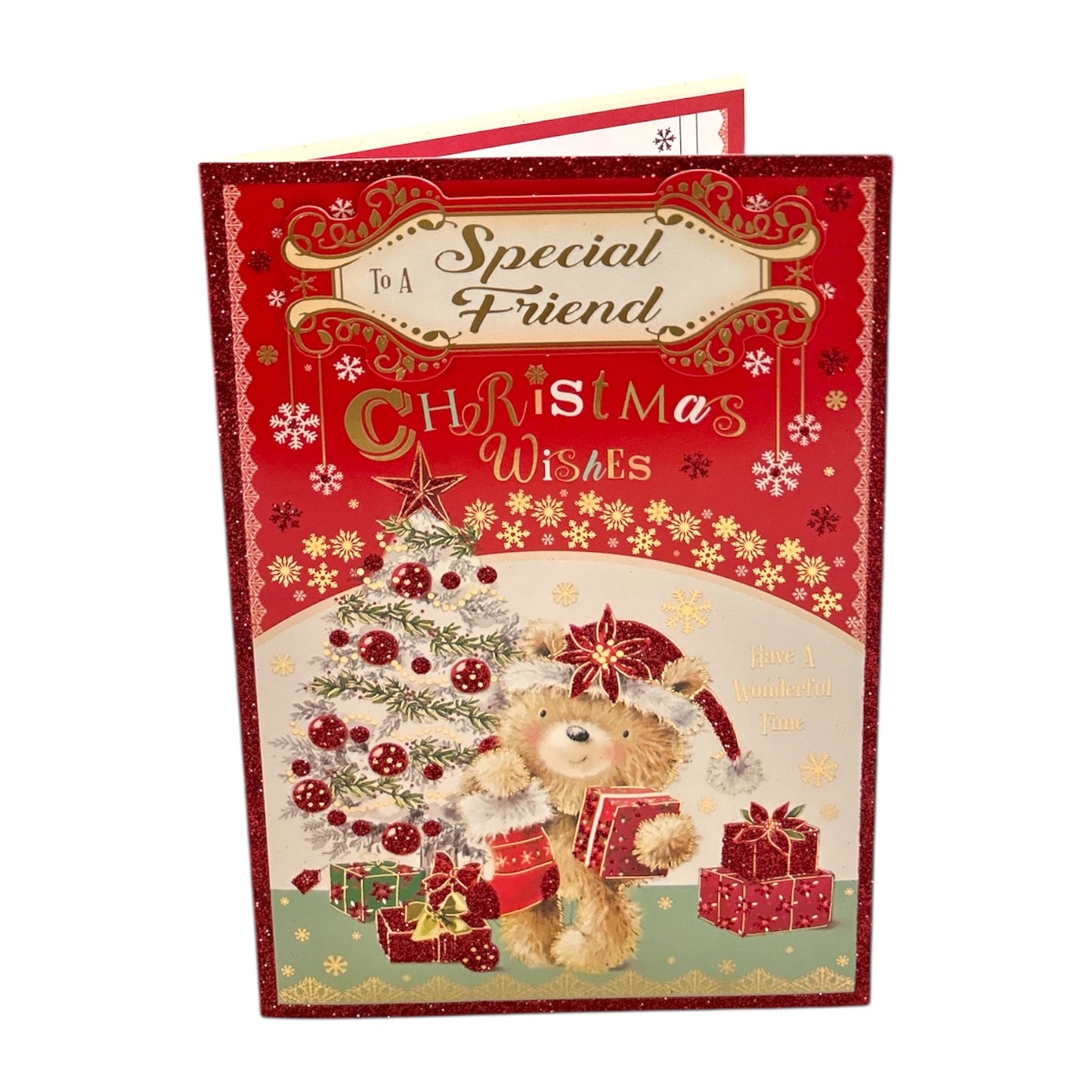To a Special Friend Teddy With Stocking and Gift Design Christmas Card