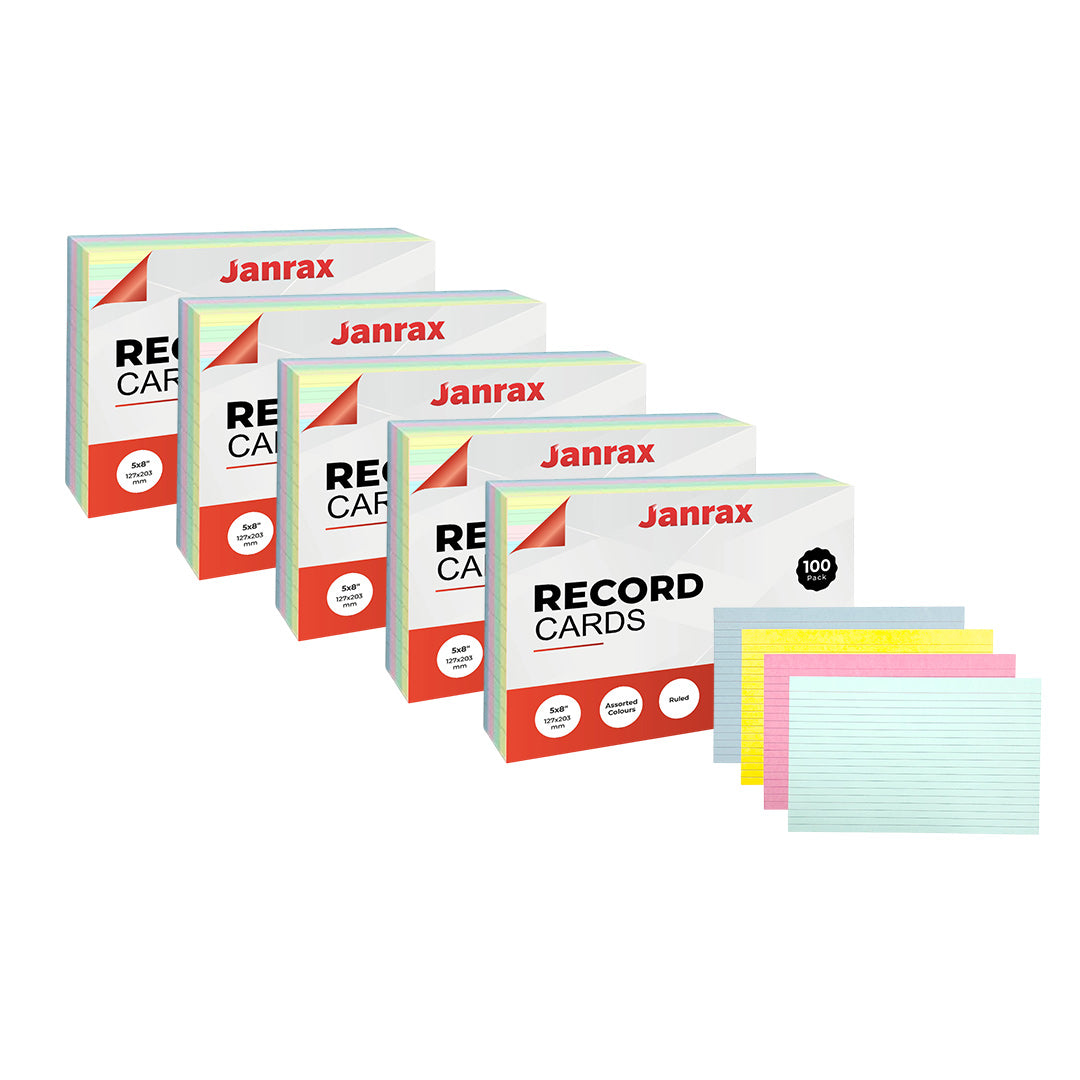 Pack of 600 Assorted Colour Ruled 8x5" Record Cards – Lined Study Index Cards for Notes, Revision