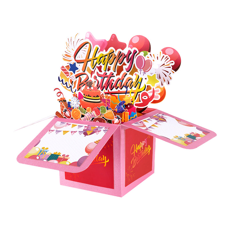Pink Balloons Fireworks Peach Red 3D Pop Up Birthday Box Card Surprise Gift Box