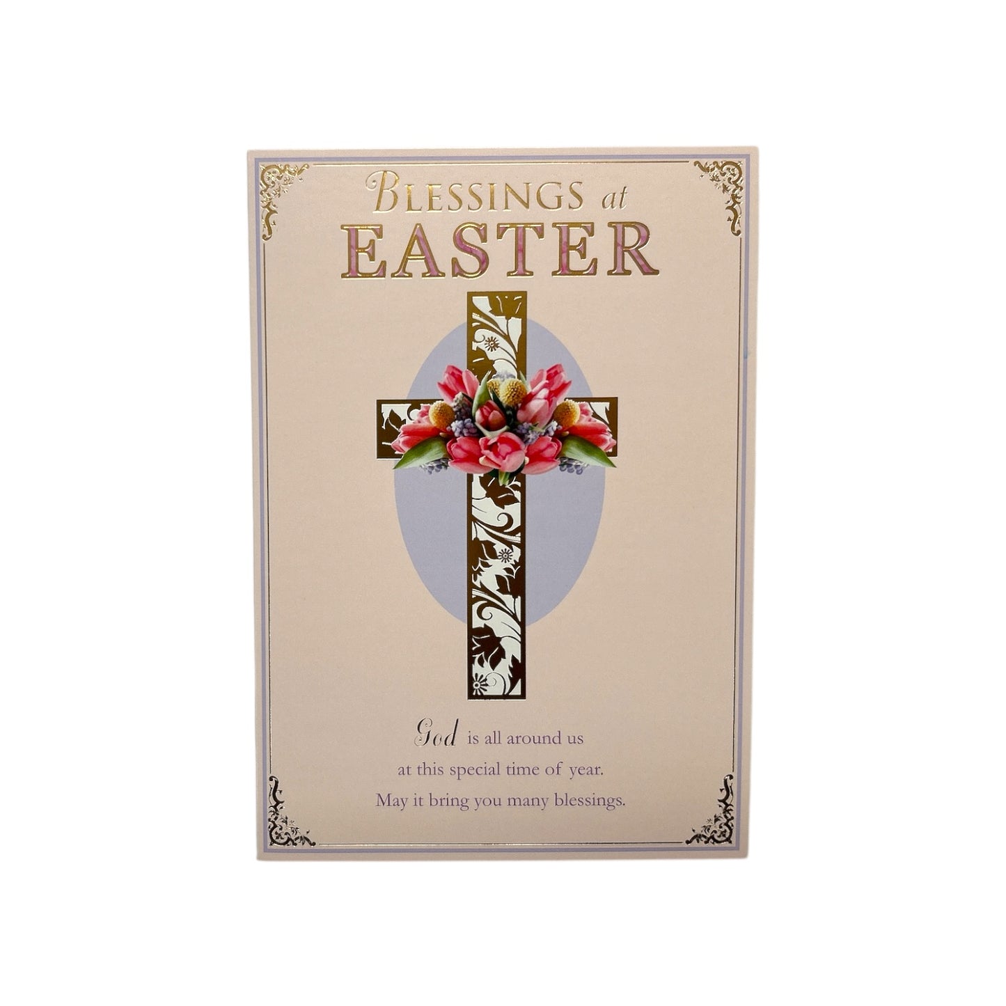 Blessings At Easter Pink Floral Cross Design Easter Card