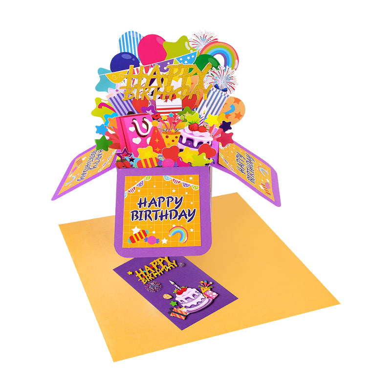 Rainbow Wishes 3D Pop Up Birthday Box Card - Fireworks Cake Balloons Surprise Gift Box