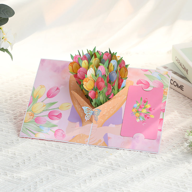 Tulips in Hand 3D Pop Up Greeting Card - Mother's Day Birthday Anniversary