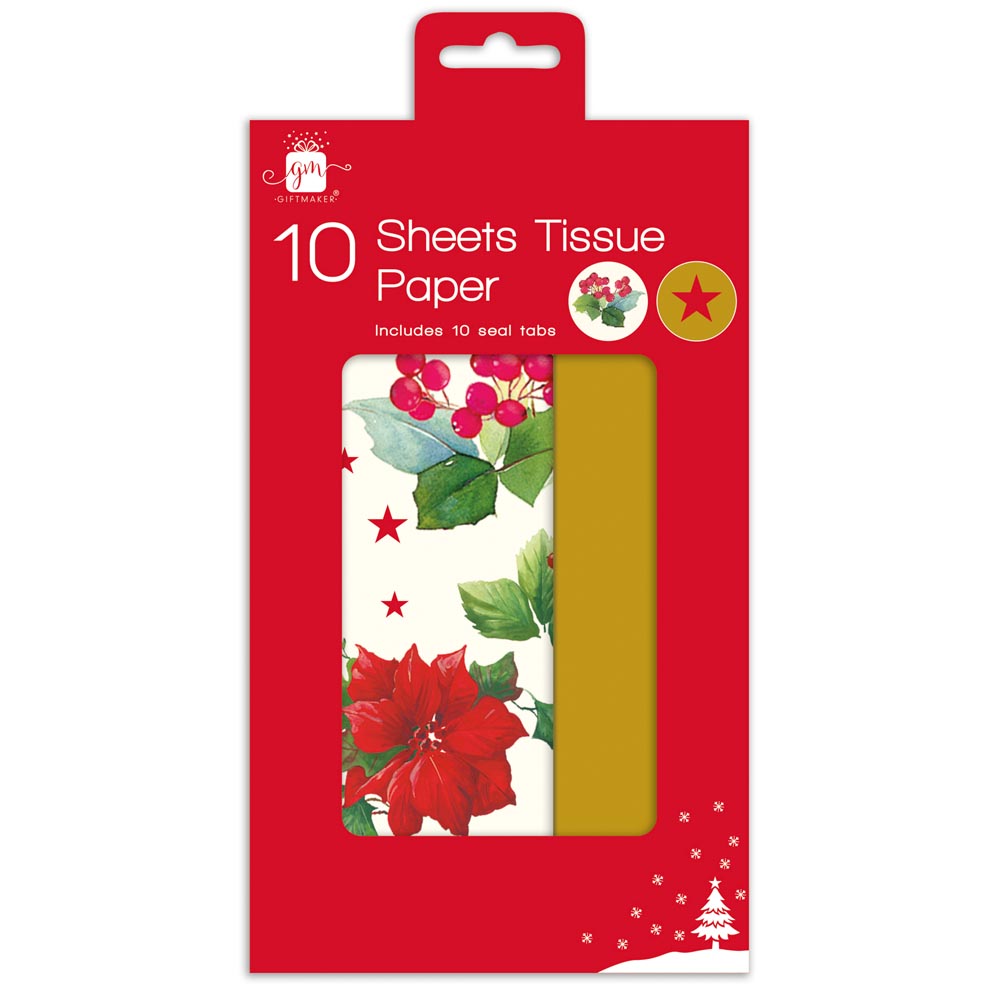 Pack of 10 Sheets Festive Poinsettia Design Christmas Tissue Papers