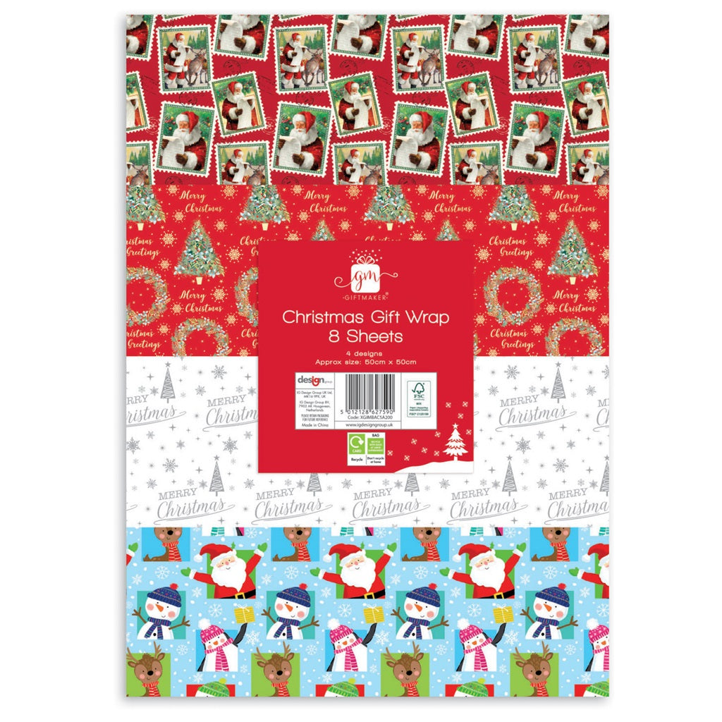 Pack of 8 Sheets Festive Season Christmas Gift Wrapping Papers