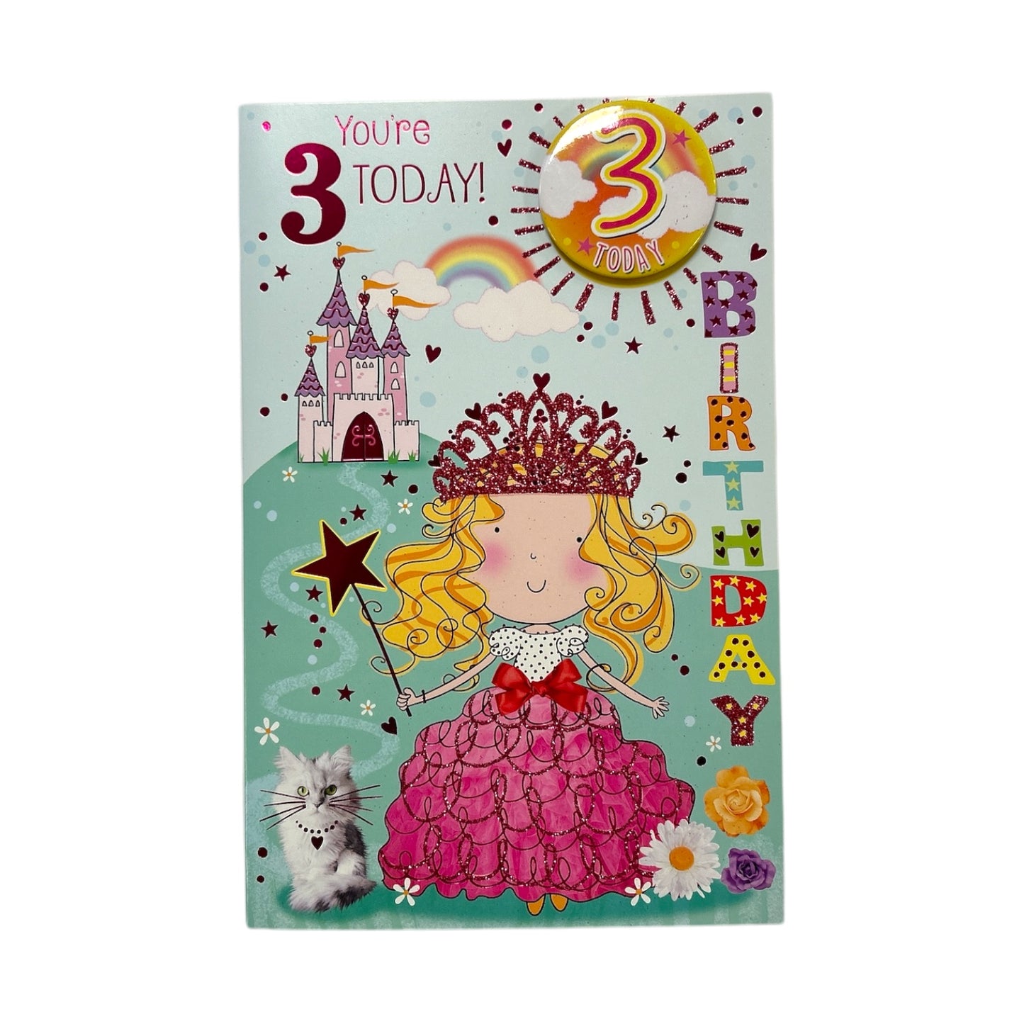 Age 03 Princess With Magic Wand Juvenile Birthday Card With Badge