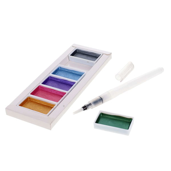 Pack of 6 Primary Metallic Watercolour in Palette & Refillable Water Brush by Icon