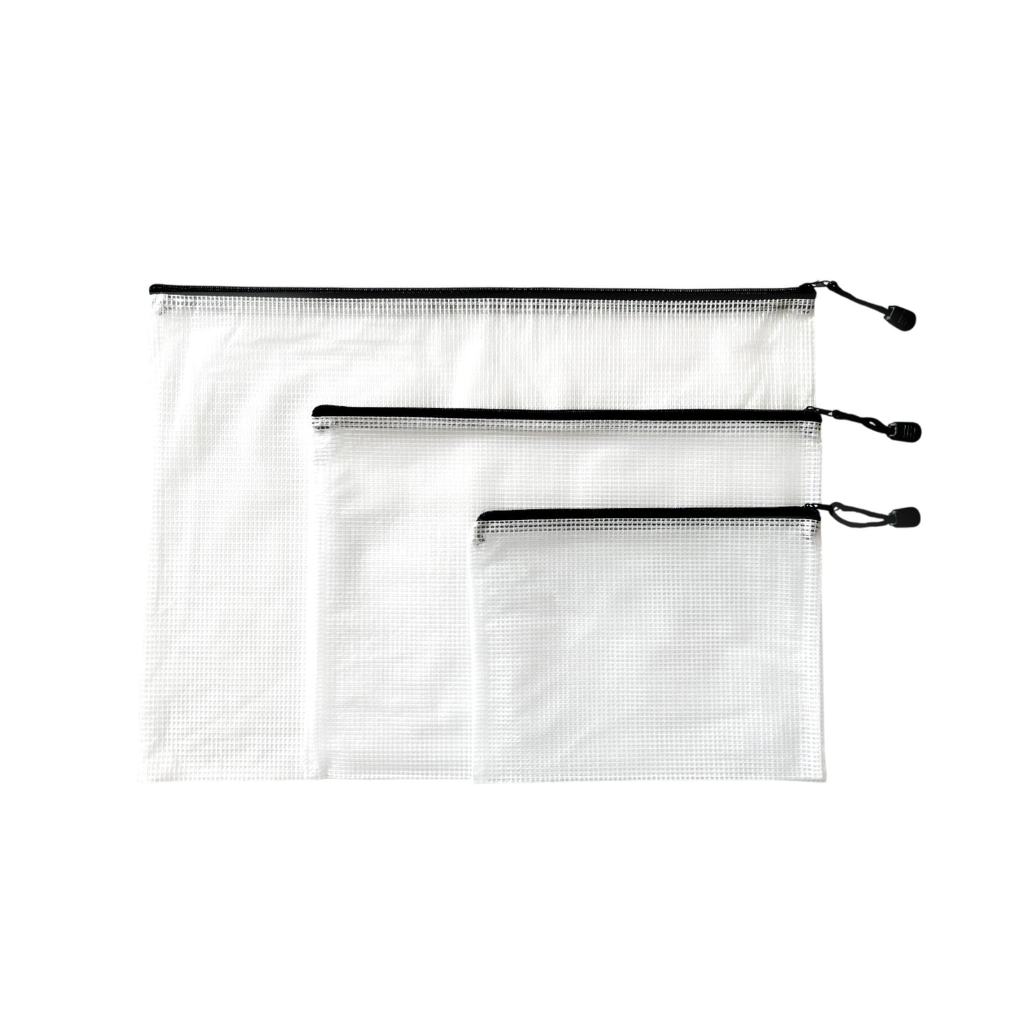 Pack of 3 Black Zip Assorted Sizes Strong Mesh Bags - A3, A4, A5 - Tough Waterproof Storage