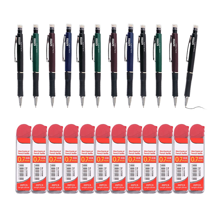 12 Sets of 0.7mm Pen-Style Mechanical Pencil and HB Lead Refills – Smooth Writing, Anti-Slip Grip