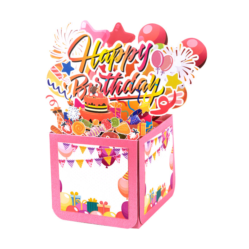 Pink Balloons Fireworks Peach Red 3D Pop Up Birthday Box Card Surprise Gift Box