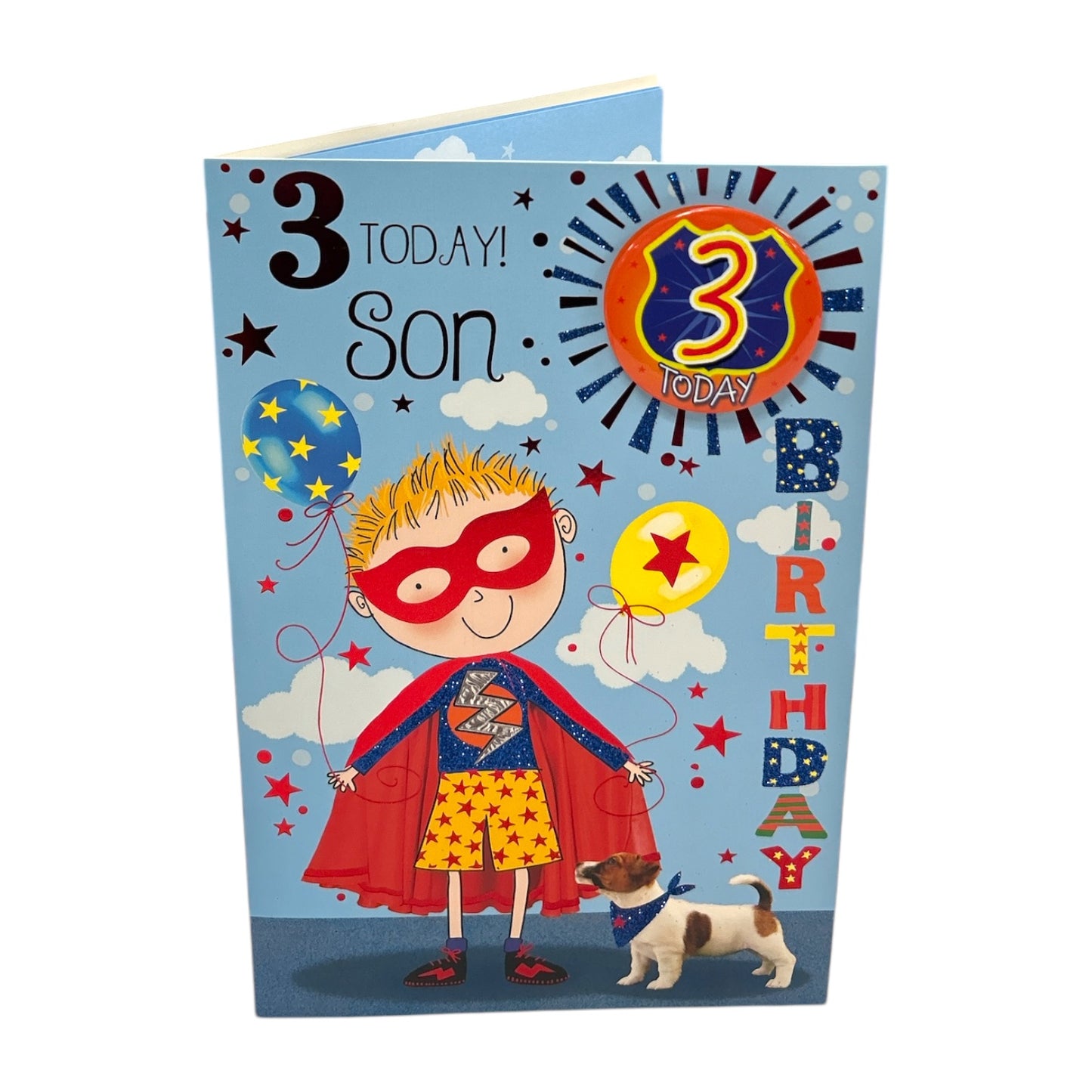 For Son Age 3 Superhero Theme Juvenile Birthday Card With Badge