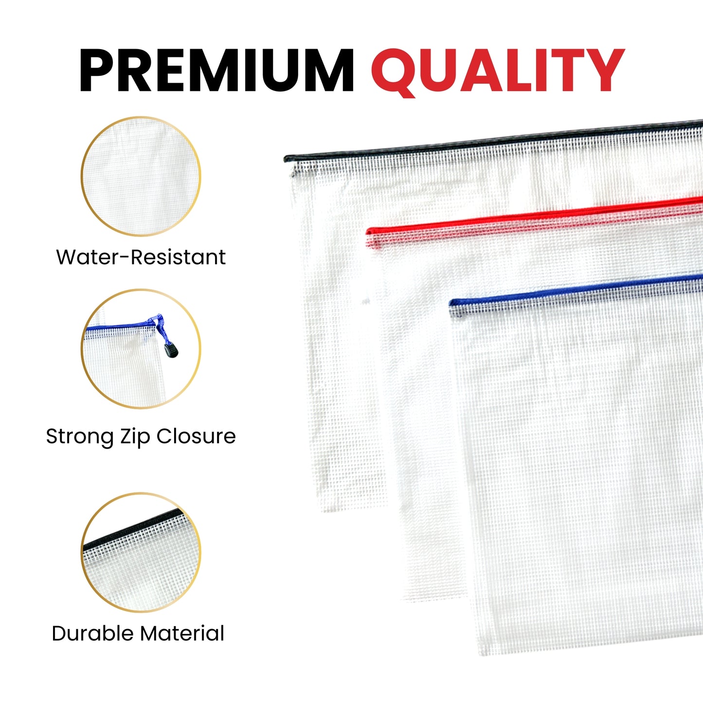 Pack of 3 A4 Assorted Coloured Strong Mesh Bags - Black, Blue, Red - Tough Waterproof Storage