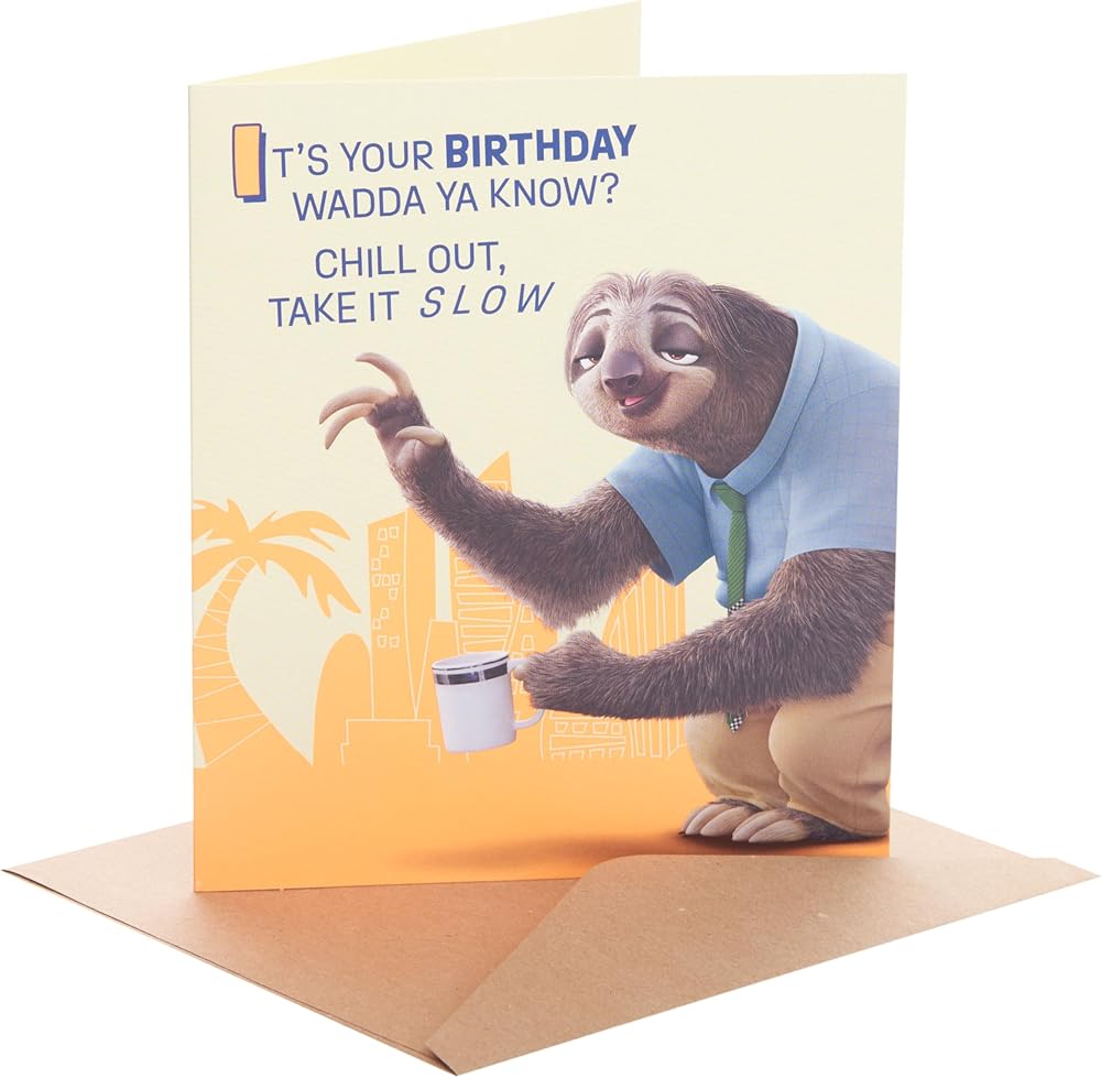 Disney Zootropolis 2 Flash Slothmore in Front of Silhouetted City Birthday Card