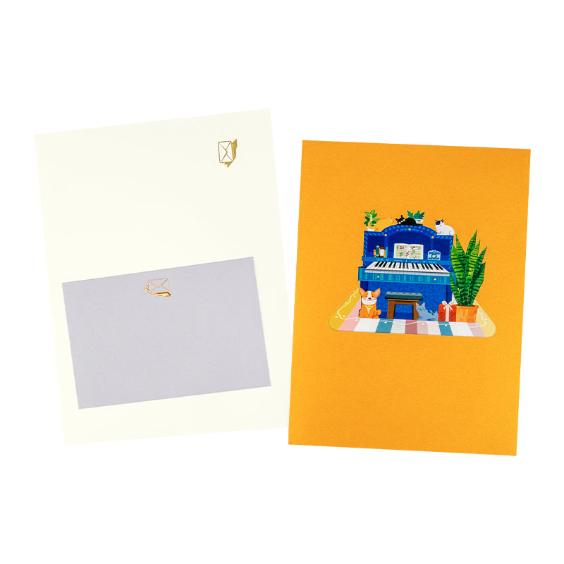Piano & Cats Scene Whimsical 3D Pop Up Greeting Card