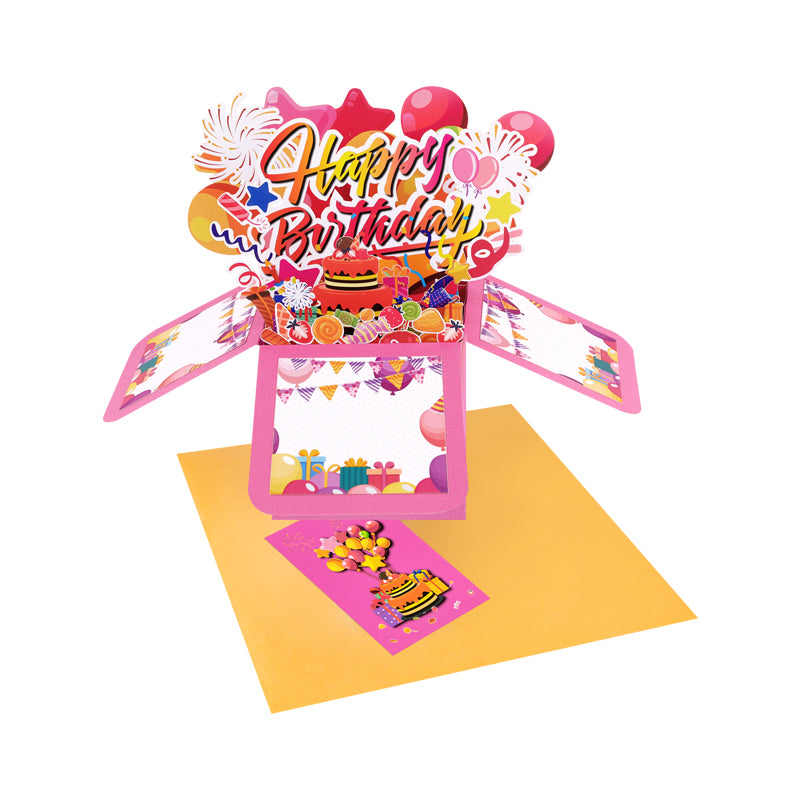 Pink Balloons Fireworks Peach Red 3D Pop Up Birthday Box Card Surprise Gift Box