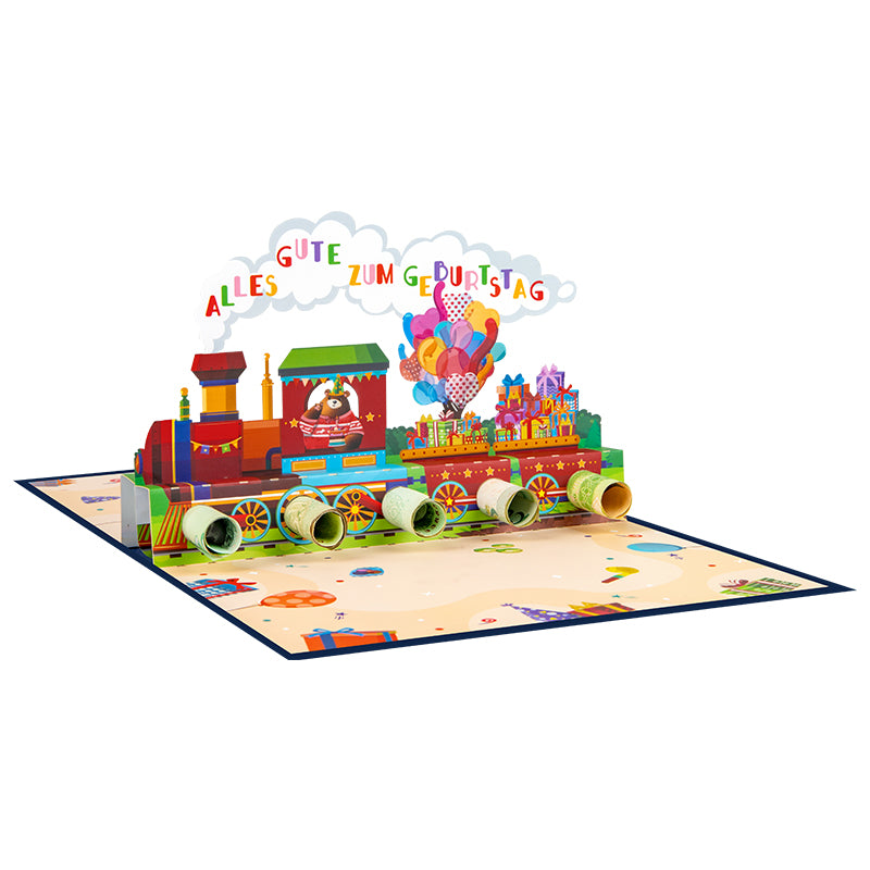 Birthday Train Adventure German Pop Up Greeting Card with Gift Pockets