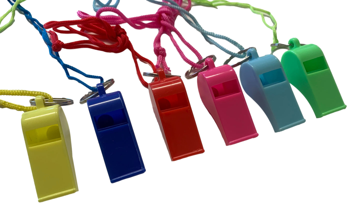 Bag of 10 Assorted Coloured Plastic Whistles with Lanyard Neck Cord