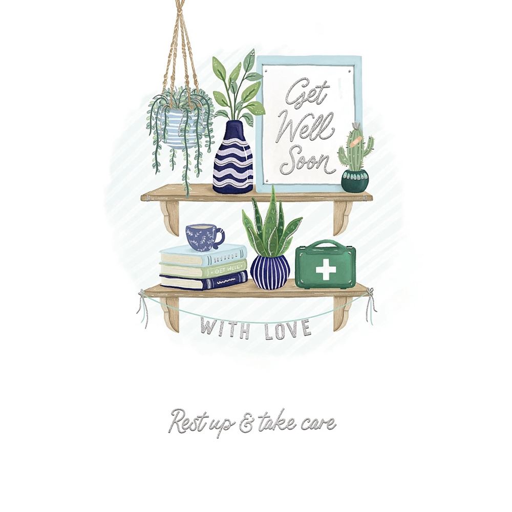 Decorative Shelf Illustration Get Well Soon Card