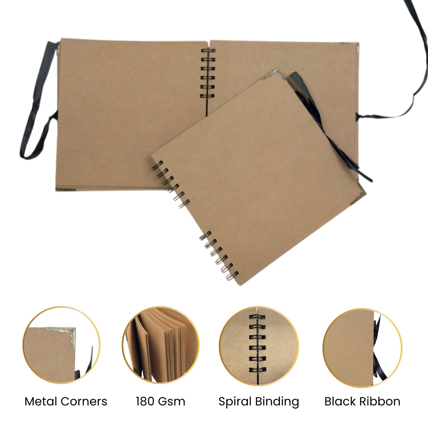 30 Sheets 20x20cm Spiral Bound 180gsm Kraft Scrapbook with Ribbon Closure and Metal Corners