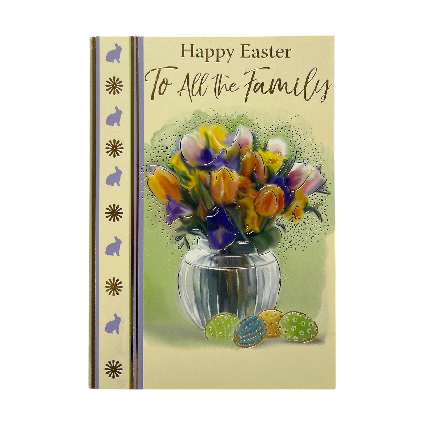 To All Family Flower Pot And Colourful Eggs Design Easter Card