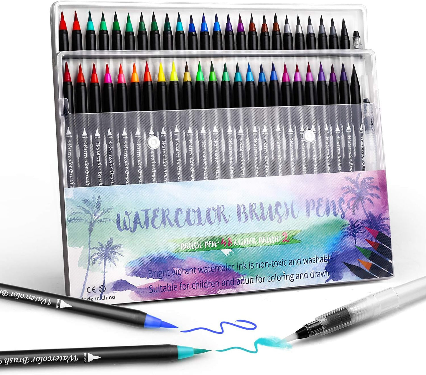 Pack of 48 Washable Water Colour Brush Tip Pens