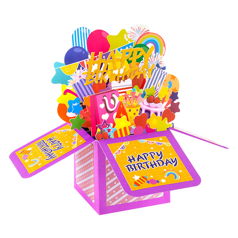 Rainbow Wishes 3D Pop Up Birthday Box Card - Fireworks Cake Balloons Surprise Gift Box