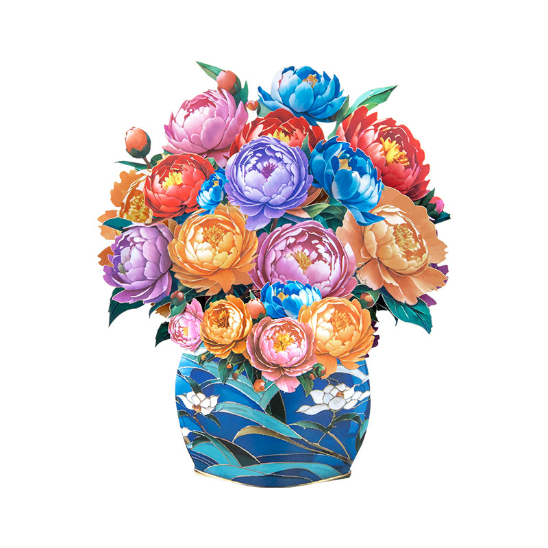 Colorful Grace Peony Bouquet in Blue Vase 3D Pop Up Card