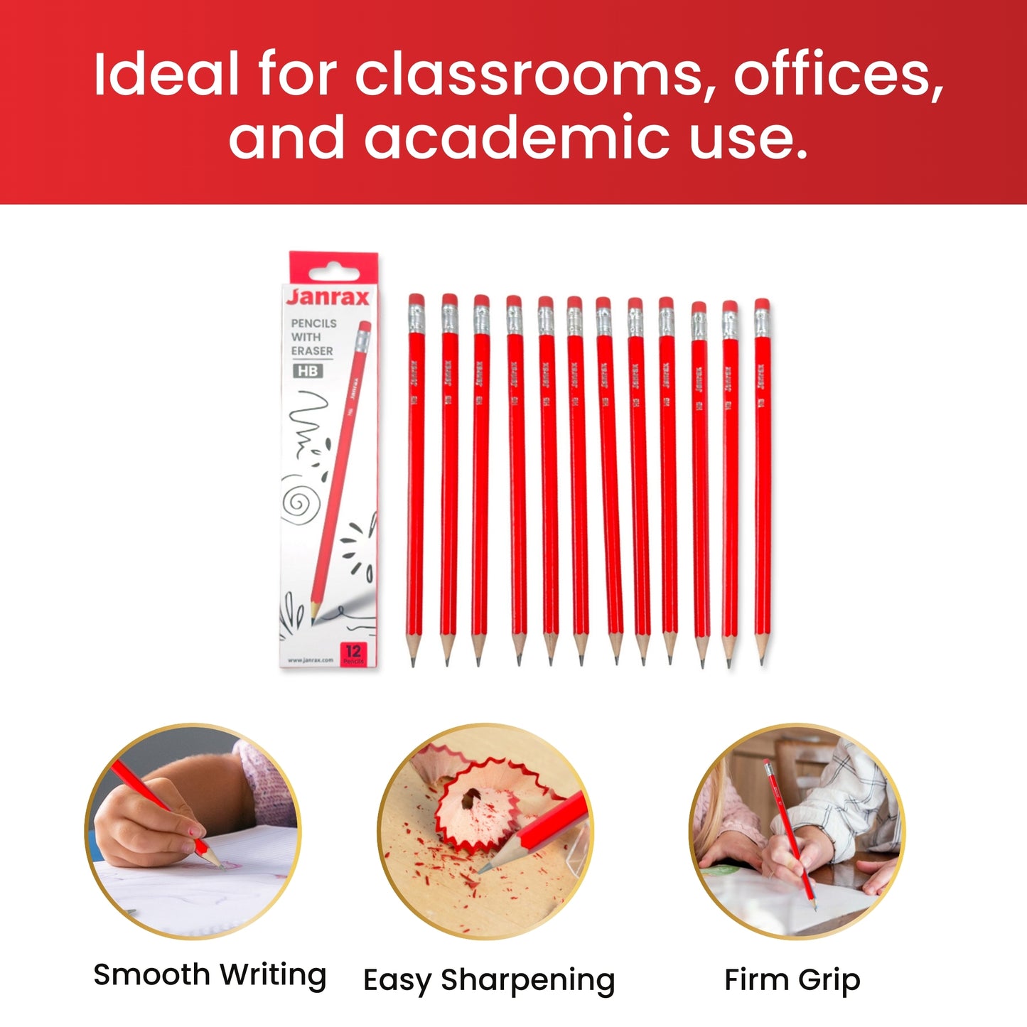 Pack of 12 Janrax HB Pencils with Erasers