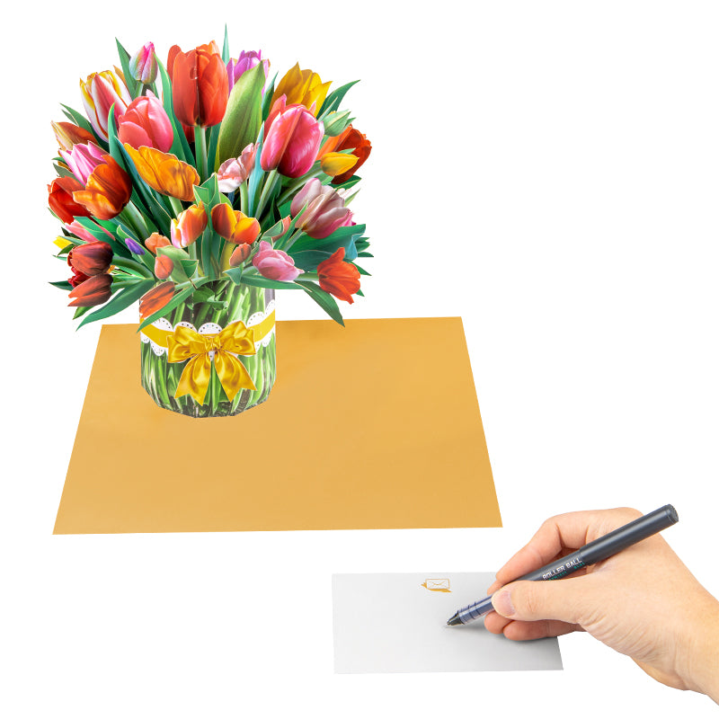 Colorful Tulip Bouquet with Ribbon Bow Design 3D Pop Up Card