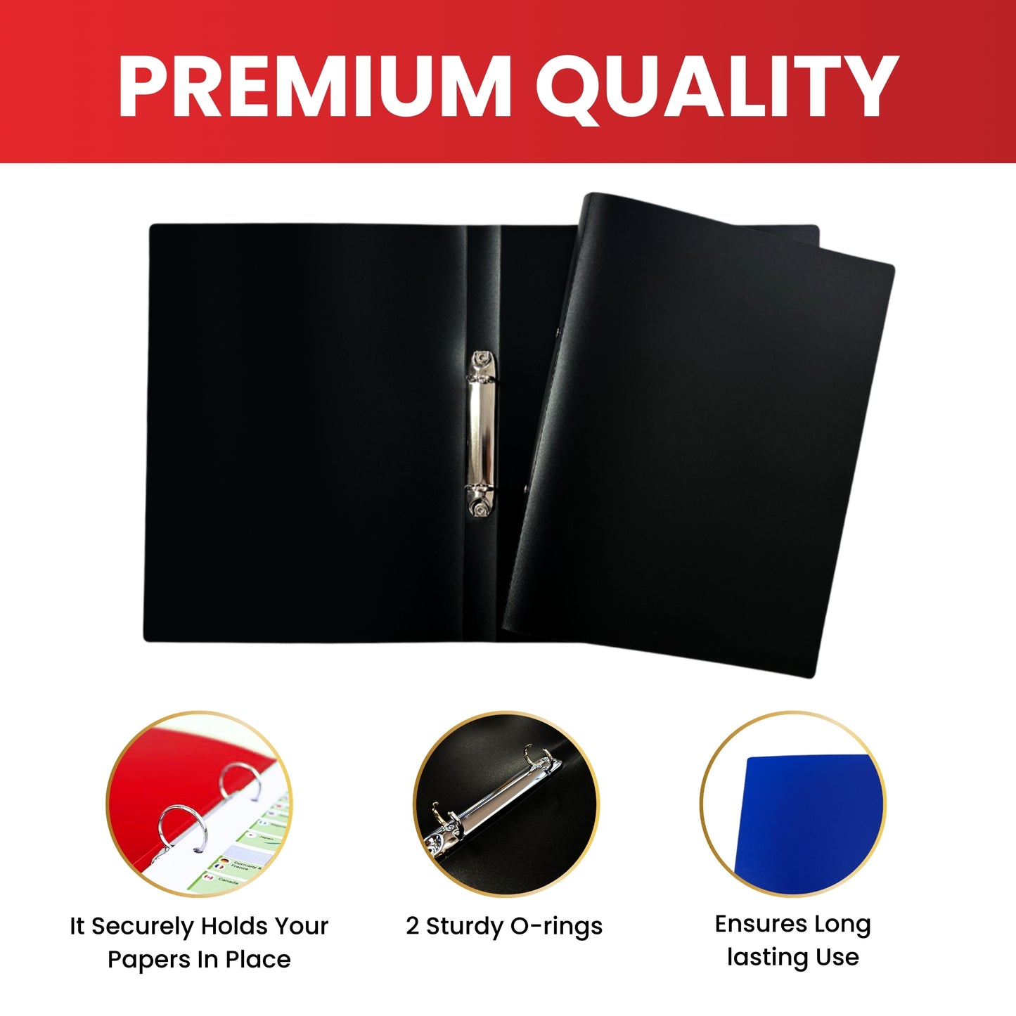 Pack of 3 A4 PP Ring Binders – 25mm Spine, 2 O-Ring Mechanism, 700 Micron Durable Cover – Red, Blue, Black