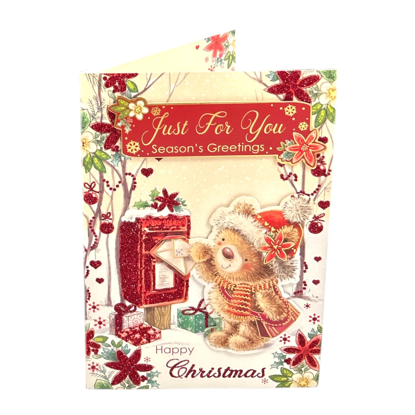Just For You Teddy At Mail Box Design Open Christmas Card