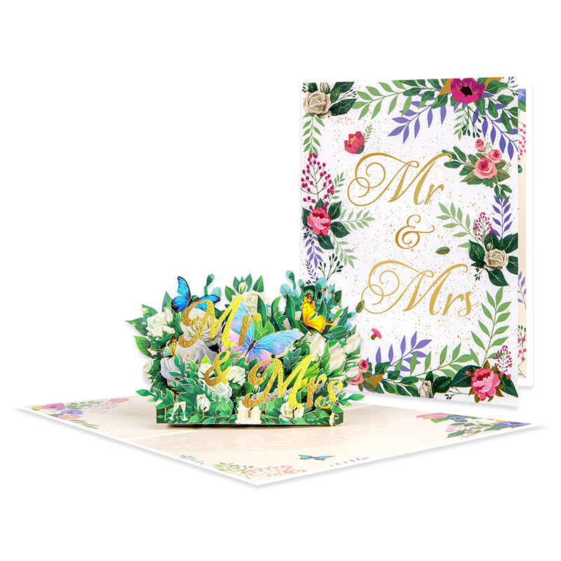 Mr & Mrs with Floral Accents Romantic Pop Up Wedding Congratulations Card