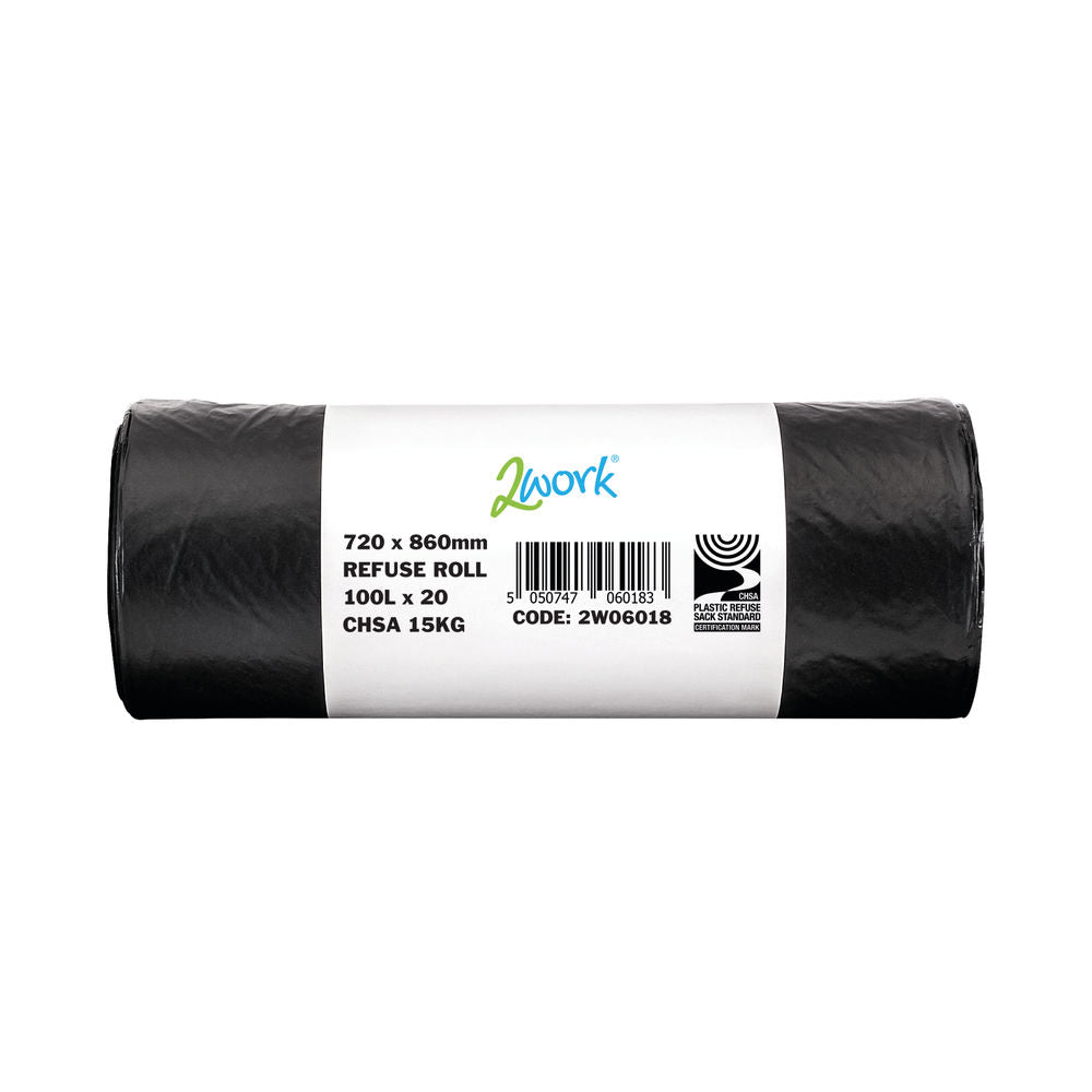 Pack of 10 2Work Refuse Sack 100 Litre Black 20 Bags per Roll