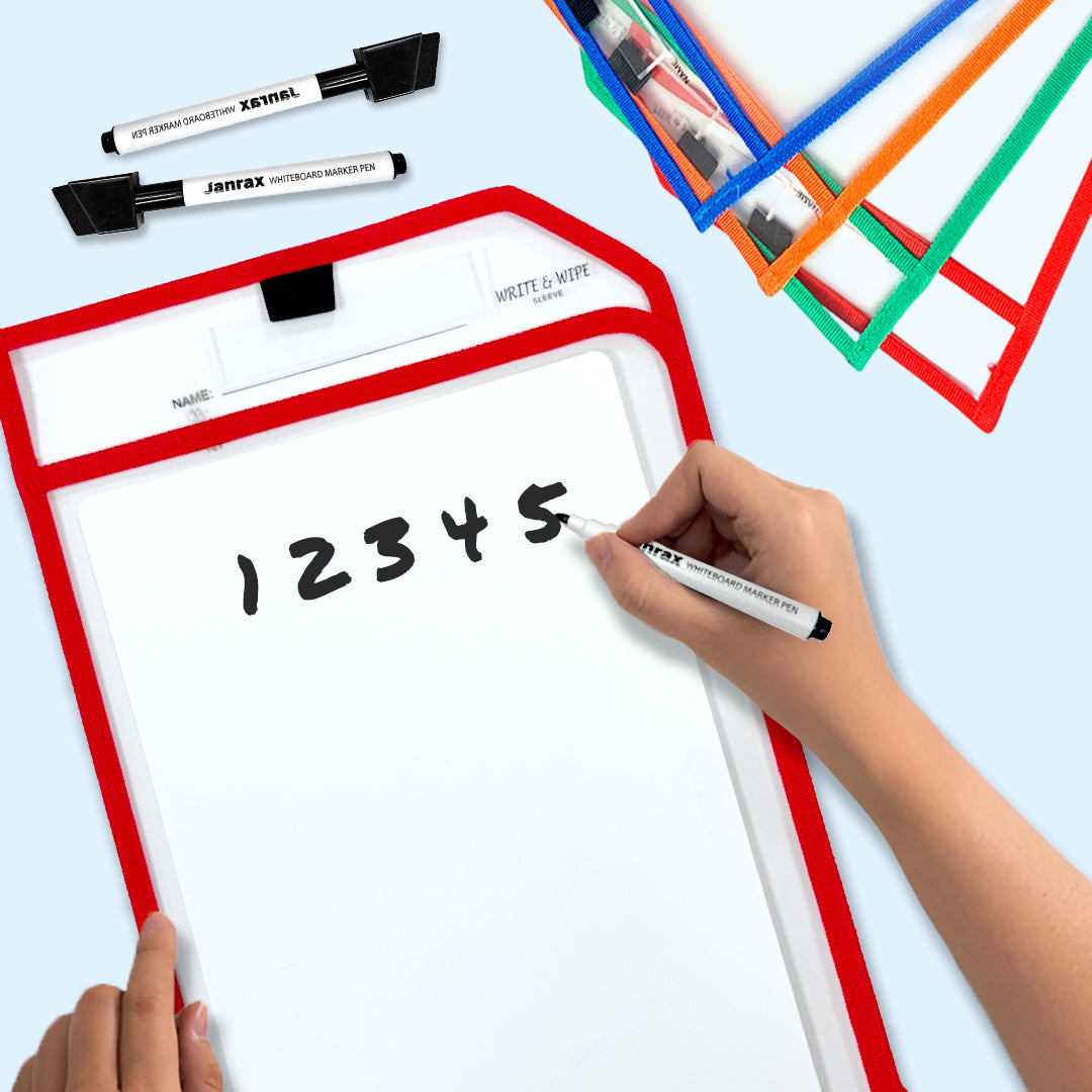 Pack of 8 Blue Edge Clear Dry Erase Write and Wipe Reusable Sleeve Pockets