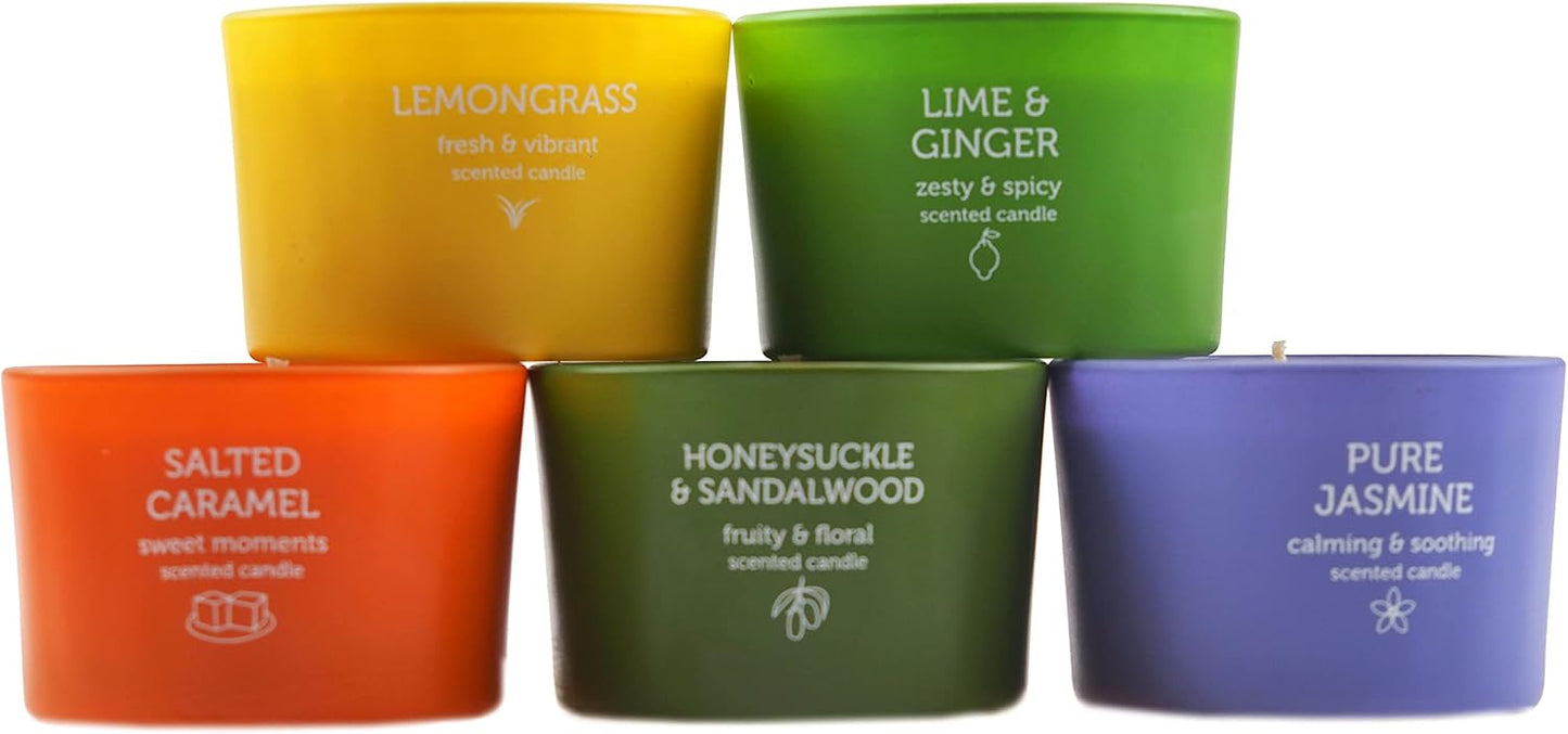 Pack of 5 Pan Aroma Glass Jar Scented Candles - Lemongrass, Lime Ginger, Jasmine, Sandalwood, Salted Caramel