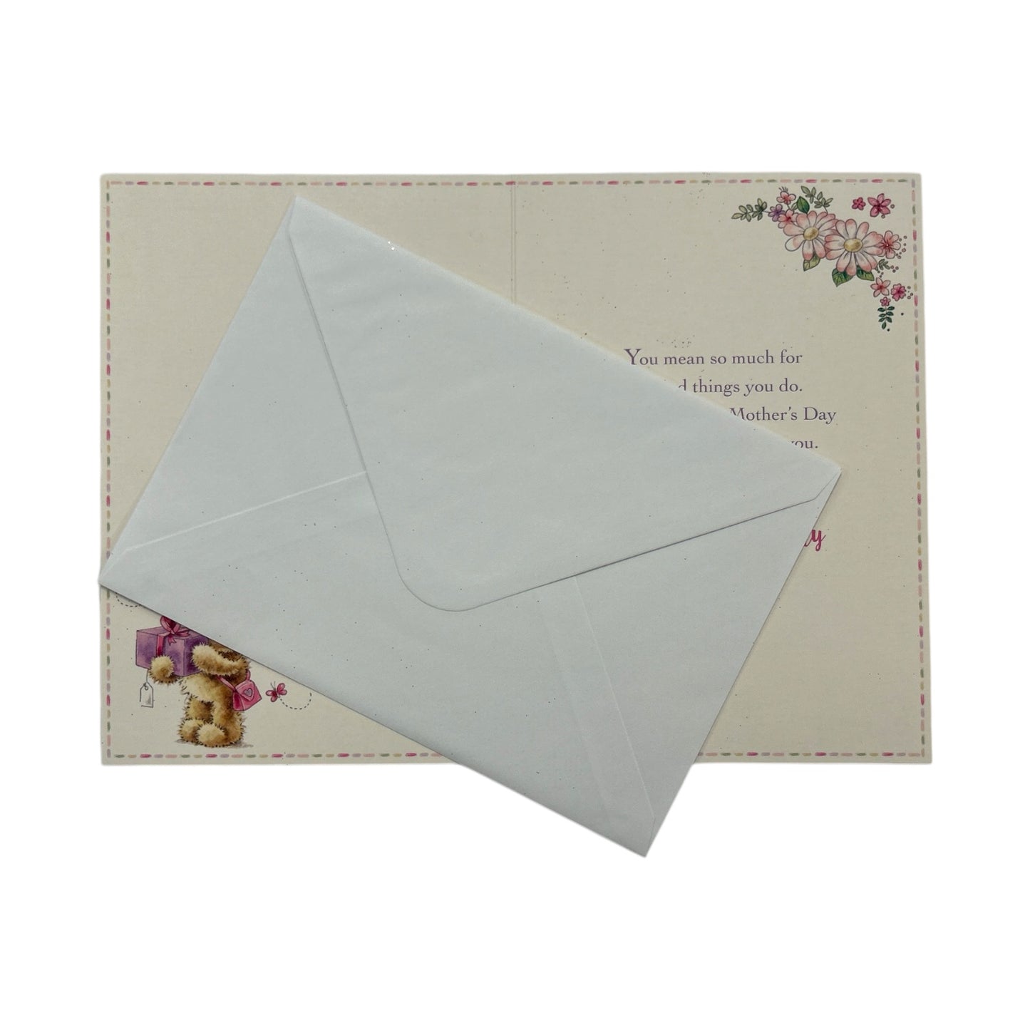 Teddy Wearing Flower and Holding Gift Mother's Day Card