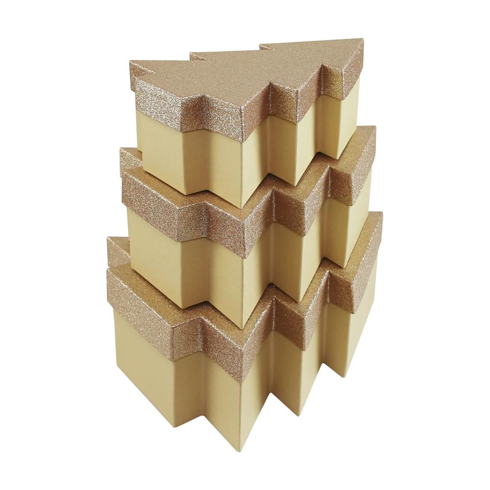 Pack of 3 Assorted Sizes Christmas Tree Shaped Box with Gold Gliter Lid