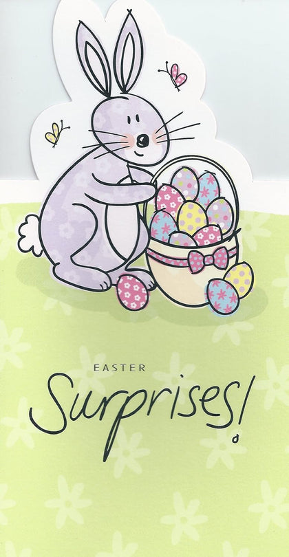 Easter Surprises Adorable Bunny With Eggs Basket Die cut Greeting Card