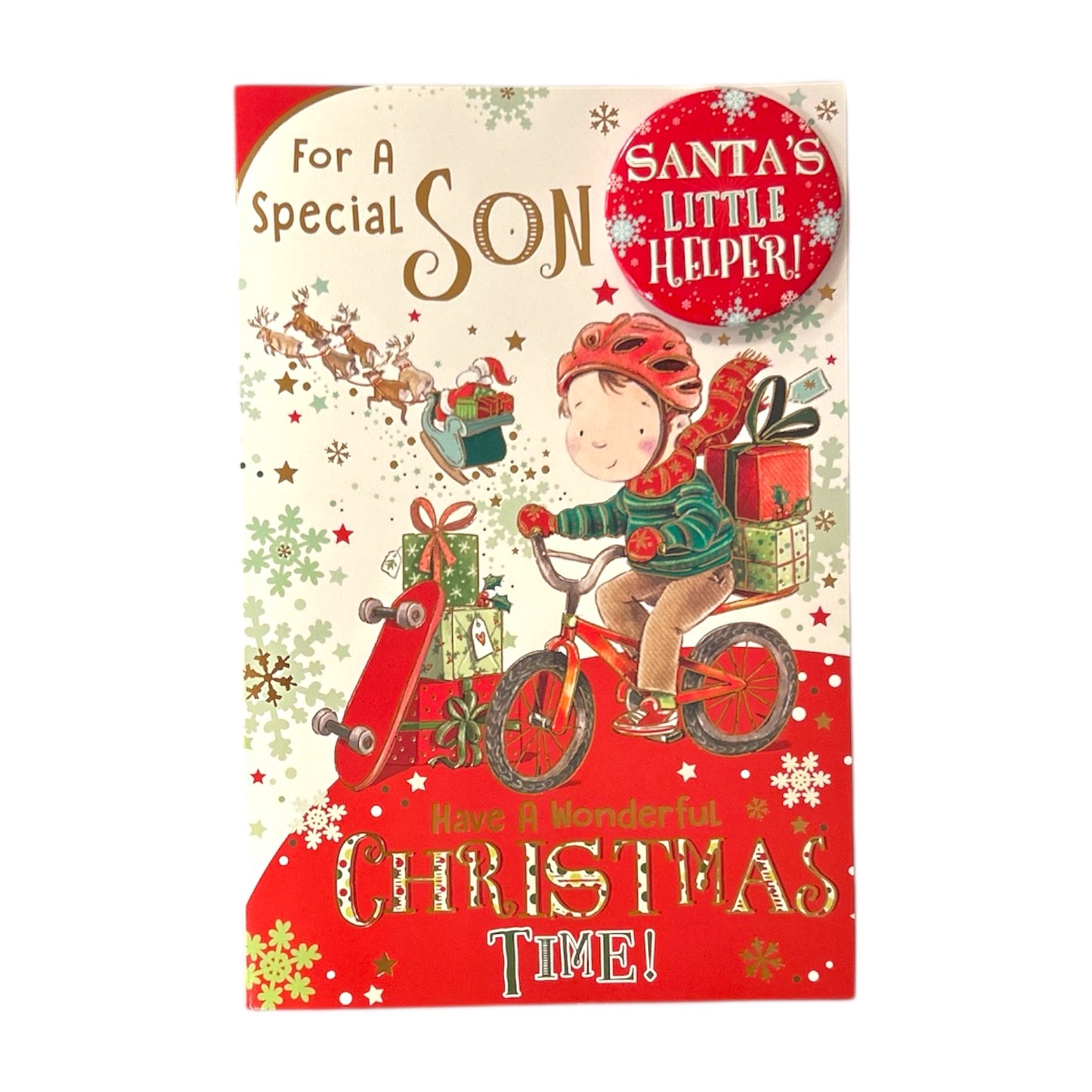 For a Special Son Santa's Little Helper Christmas Card With Badge