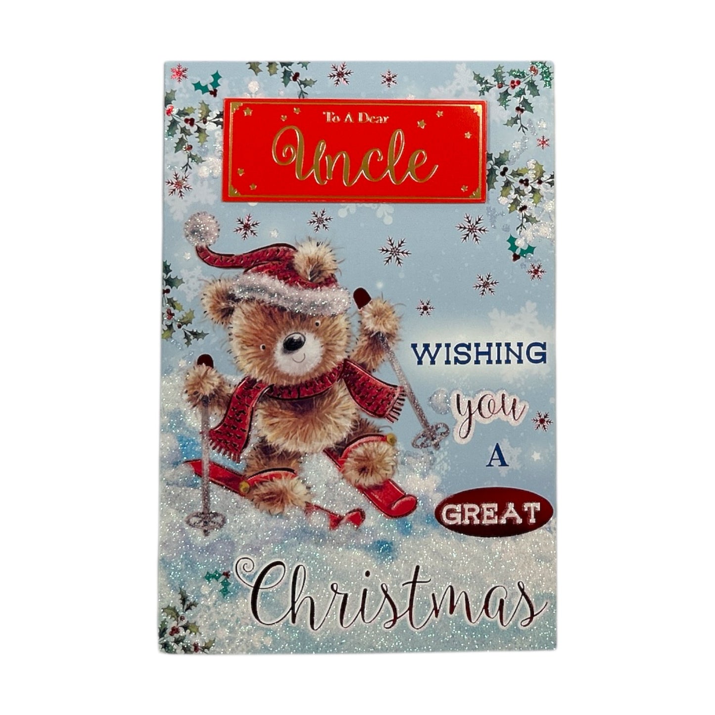 To a Dear Uncle Skiing Bear in Snowy Scene Christmas Card