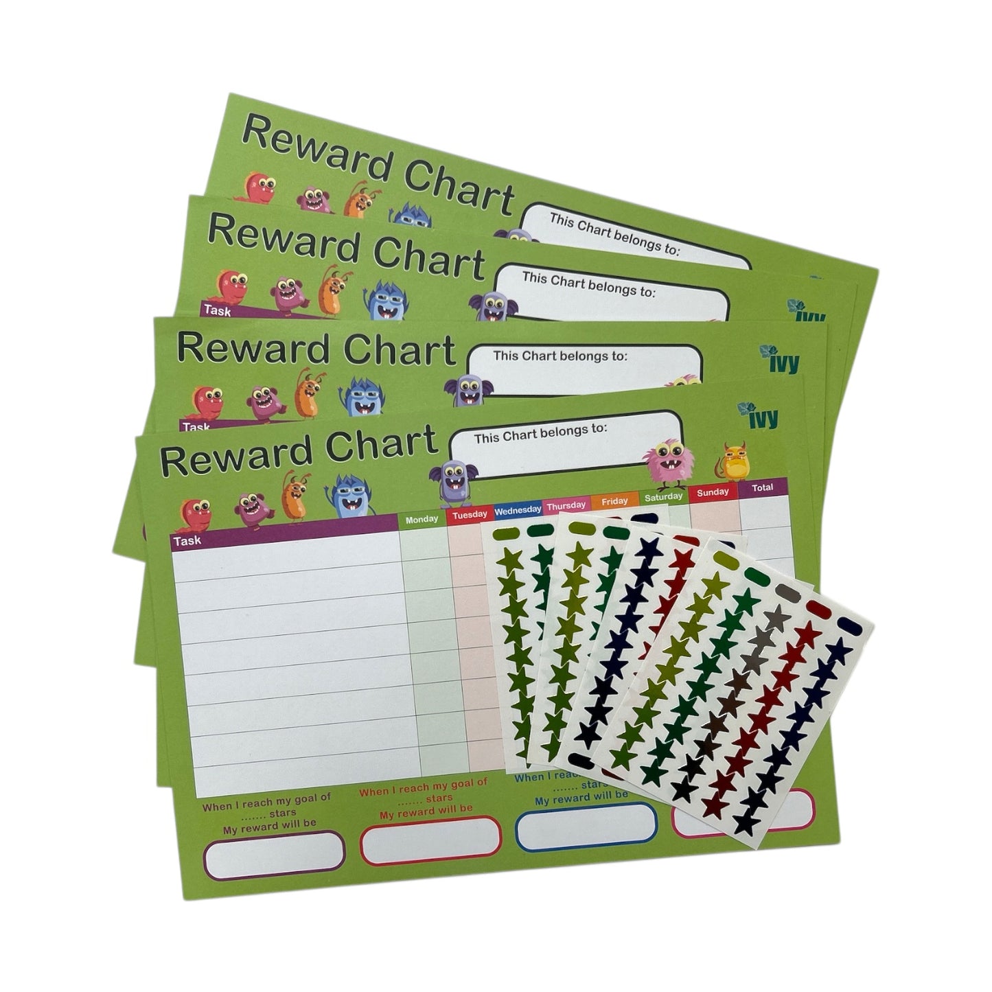 Pack of 4 Children's A4 Motivational Reward Charts With 225 Star Stickers